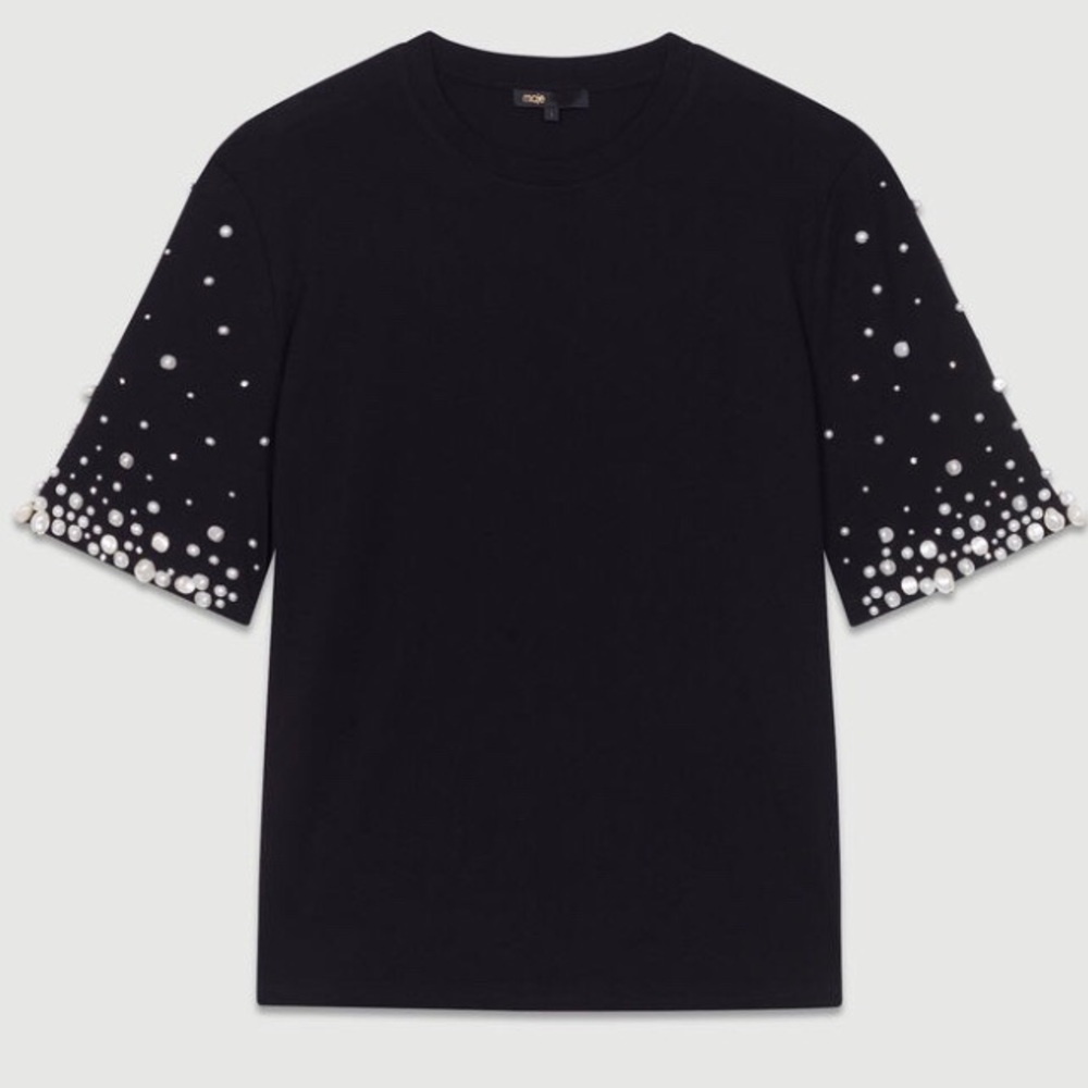 Maje Black Cotton T-shirt with Pearls